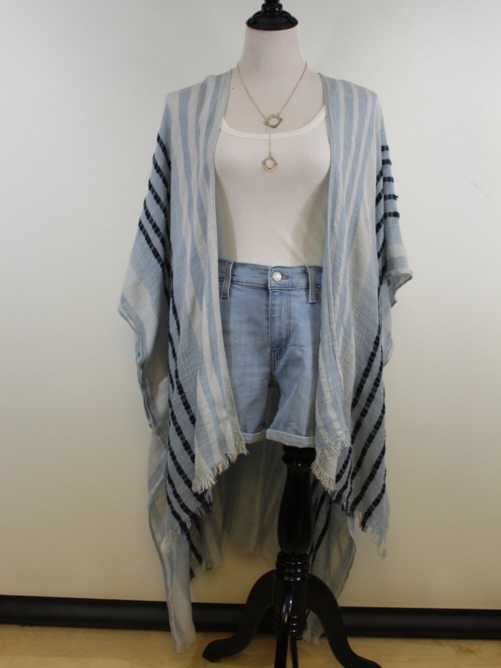 American Eagle Beach Cover Up Striped Coastal Boho Fringe Lightweight Poncho OS